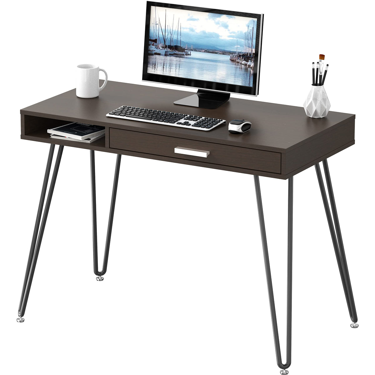 SHW Home Office Computer Hairpin Leg Desk with Drawer, Espresso