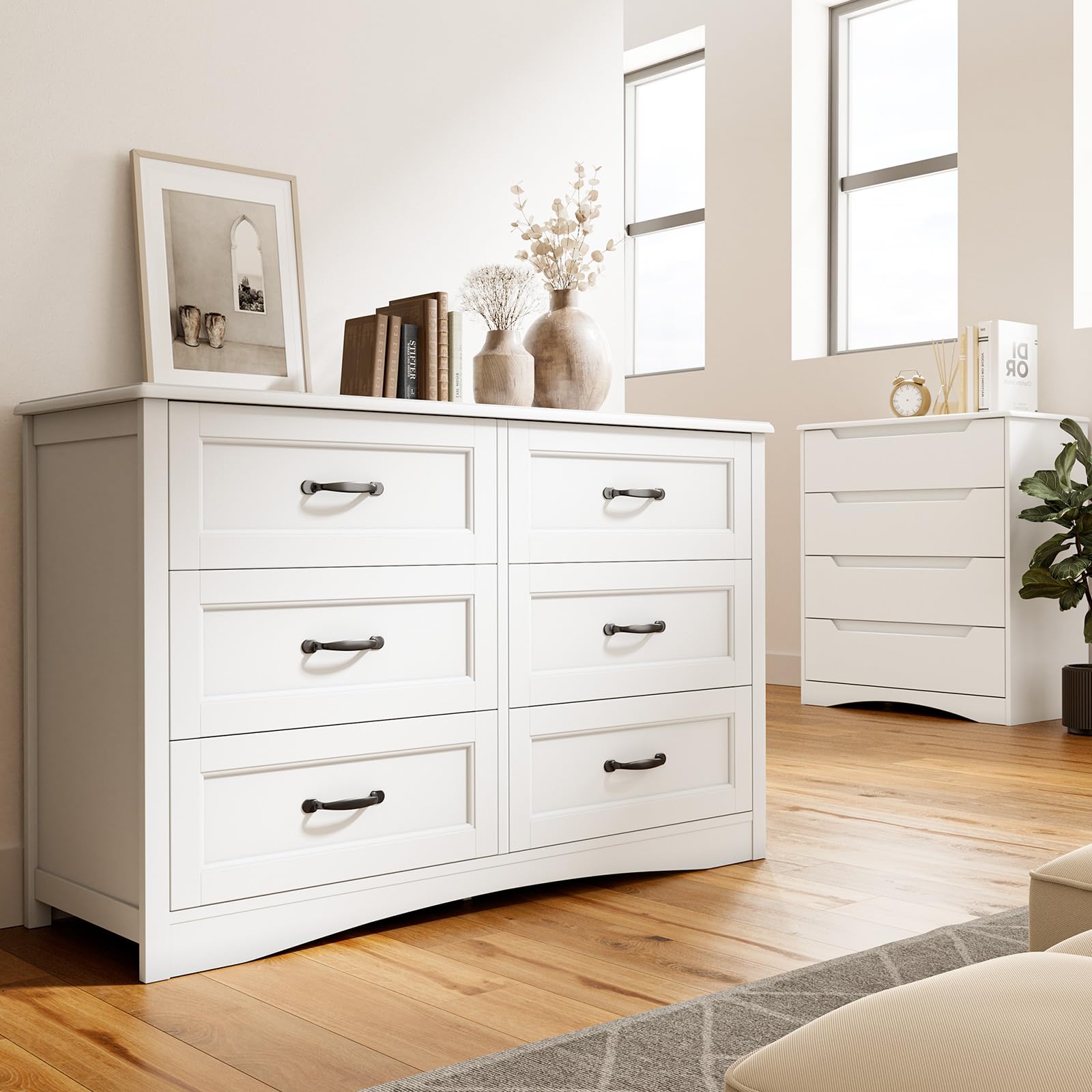 Gizoon 6 Drawer Dresser for Bedroom，47'' Larger Chest of Drawers with Mental Handle for Kids Room, White Dresser with 6 Storage Drawers for Living Room, Entryway and Hallway, White