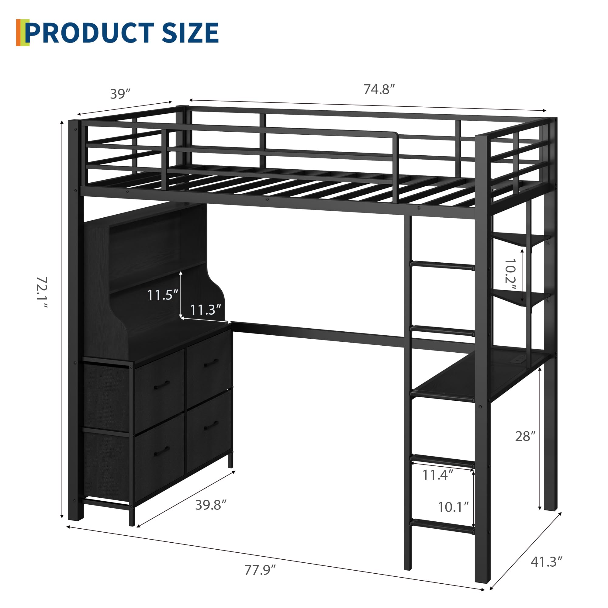 Twin Size Loft Bed with Desk & Storage