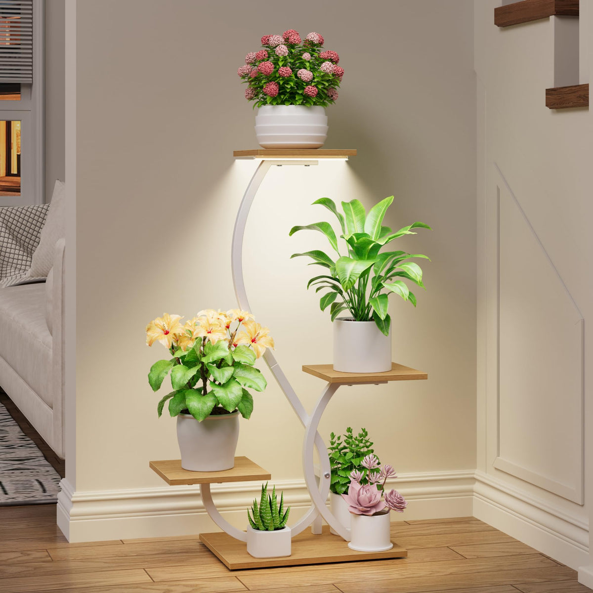 BACEKOLL Plant Stand with Grow Lights 4 Tier Metal Plant Shelf 32" White
