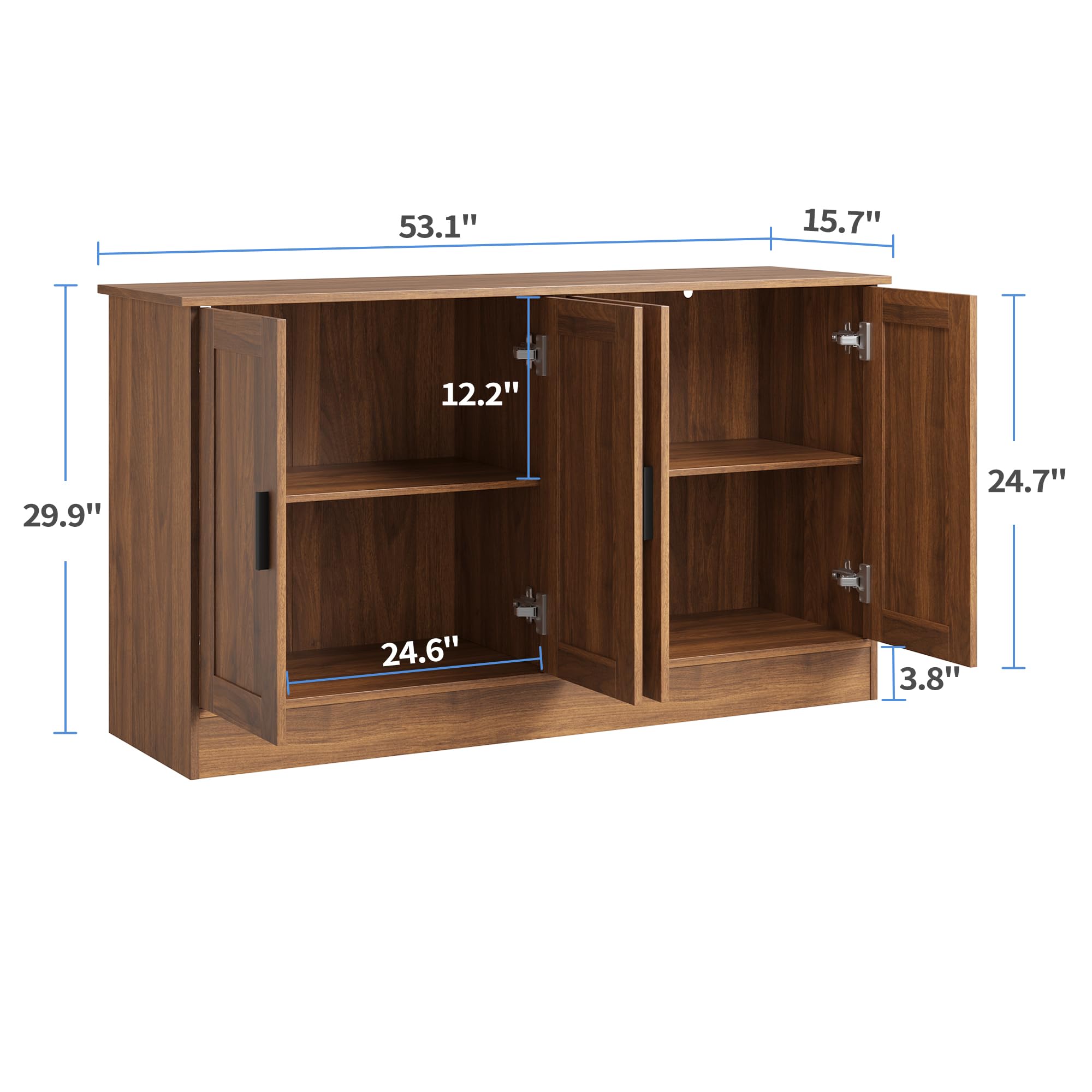 Anystyle 53" Rustic Brown Buffet Cabinet with Storage, Industrial Kitchen Sideboard with 4 Doors & Adjustable Shelves, Entryway Credenza & TV Console Table for Living Room, Dining Room
