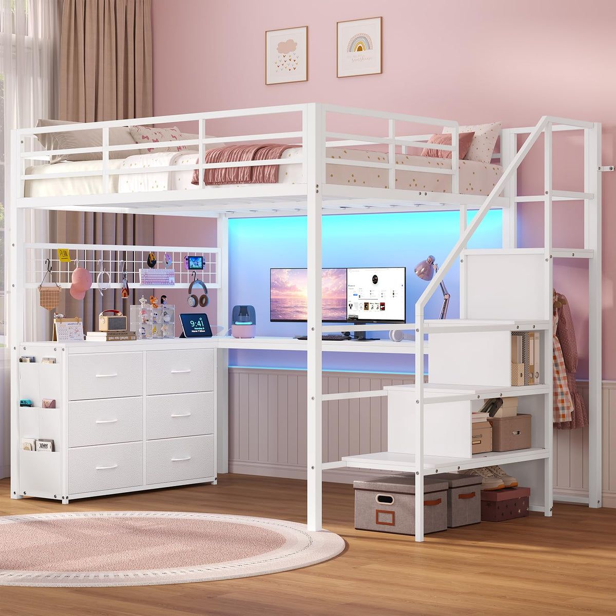 ADORNEVE Full Size Loft Bed with L Desk and Storage Stairs, White