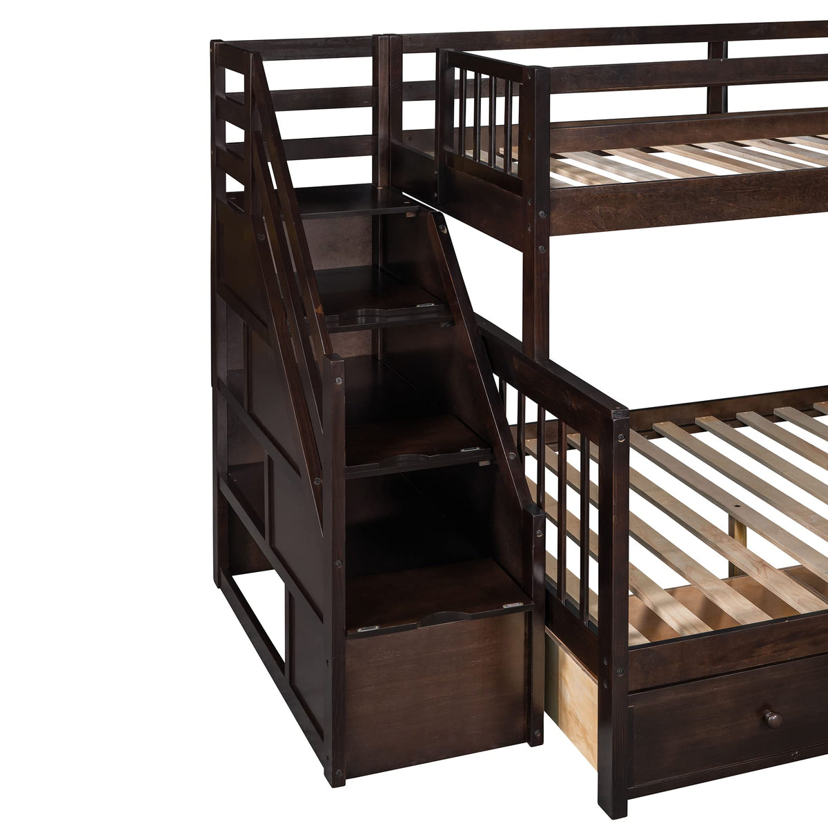 CITYLIGHT Triple Bunk Bed for Kids, Wooden L-Shaped Corner Bunk Bed with 3 Storage Drawers Attached a Twin Loft Bed,Bunk Beds with Stairs and Ladder for Boys Girls Teens,Espresso
