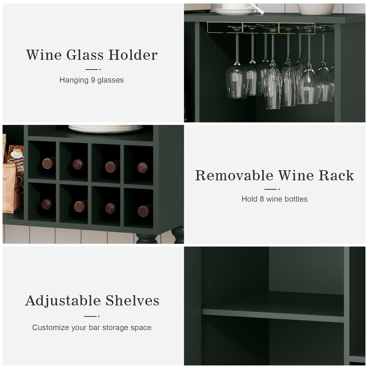 Surmorn Arched Fluted Coffee Bar Cabinet with Storage& Wine Racks, Green