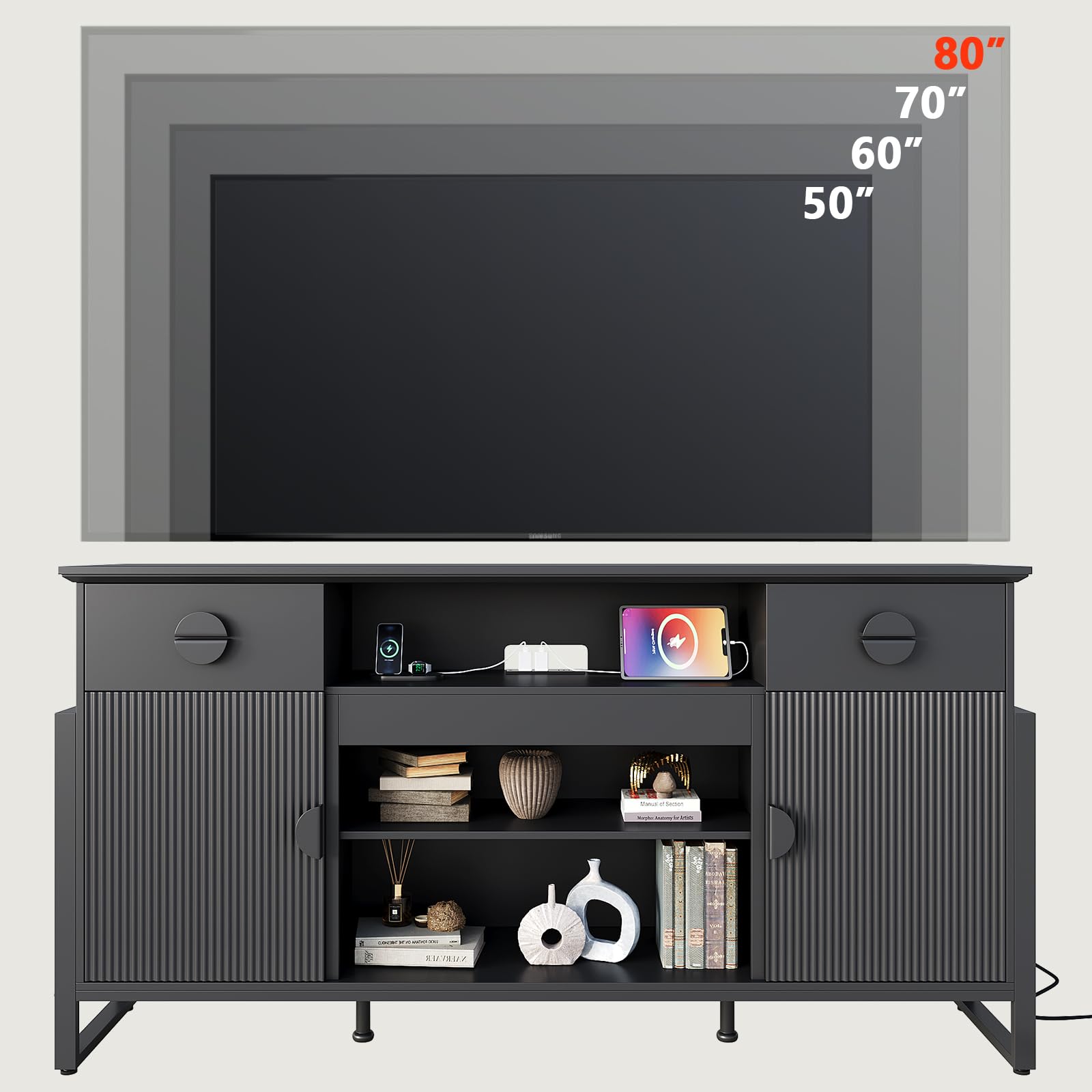 LGHM 70'' Fluted TV Stand with Power Outlets, Stylish Modern Entertainment Center with Drawers for TVs Up to 80”, 38'' Tall TV Stand, Media Console for Living Room, Metal Legs Design, Black