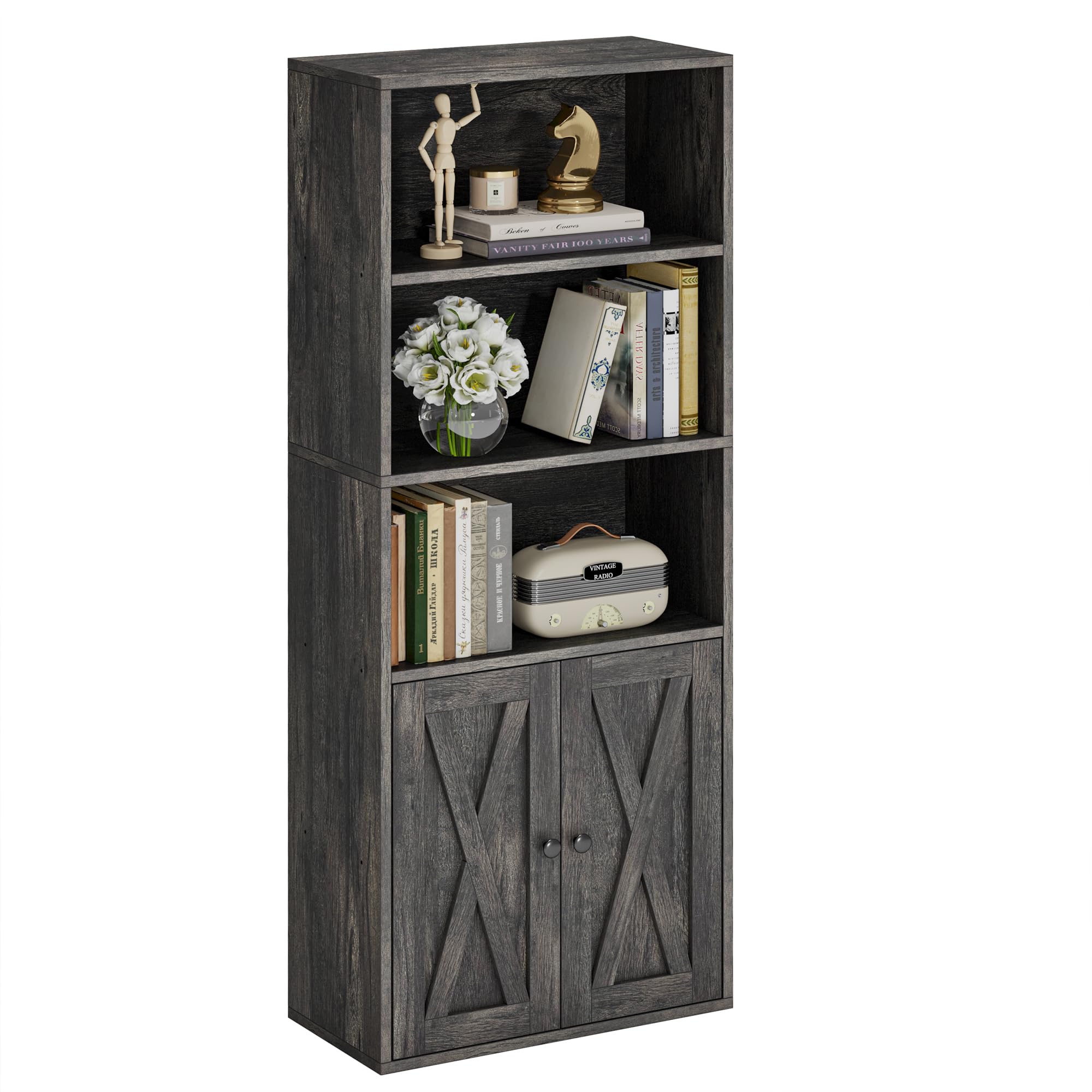 IRONCK 5-Tier Bookshelf, 11.8in Depth Bookcase with Doors Industrial Bookshelf with Storage,Floor Standing Display Storage Shelves for Home Office, Living Room, Industrial White