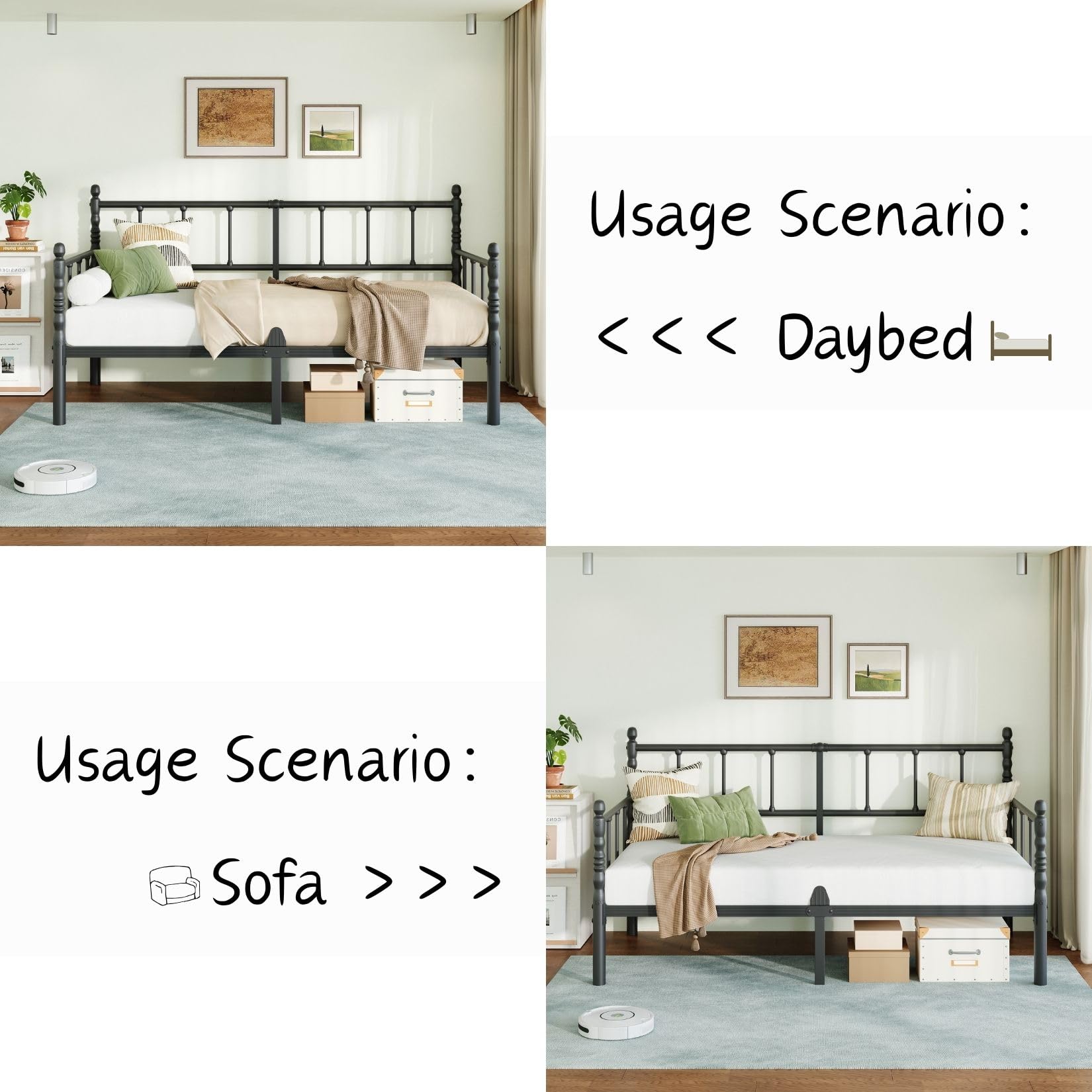 Twin Metal Daybed Frame with Roman Column Headboard