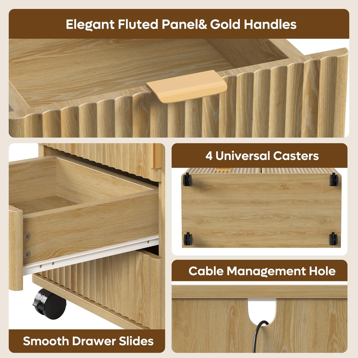 Fluted 5-Drawer Rolling File Cabinet