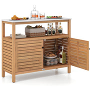 Goplus Patio Storage Cabinet, Outdoor Acacia Wood Buffet Cabinet with Marble-Like Countertop, Open Shelf & 2 Doors, Sideboard Organizer for Outdoor Kitchen, Garden, Backyard