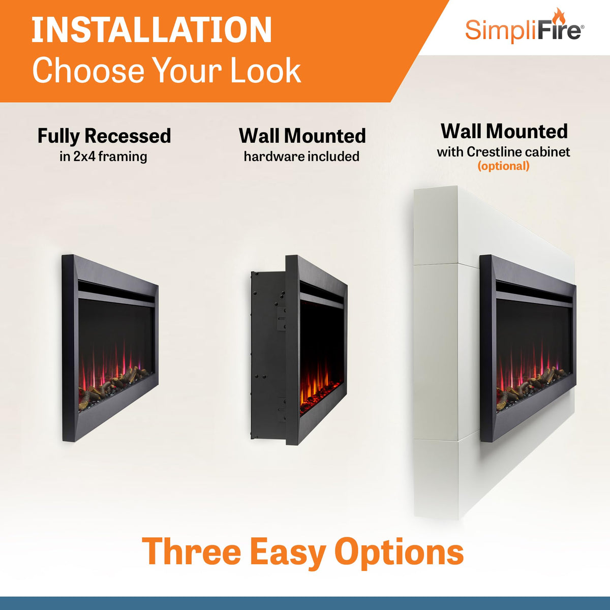 SimpliFire Allusion Slim 60" Electric Fireplace, Fully Recessed or Wall Mounted, 9 Flame Colors, Black & Clear Crystals, Logs, 13 Ember Bed Colors, Remote Control, Adjustable Heat, 750-1500W