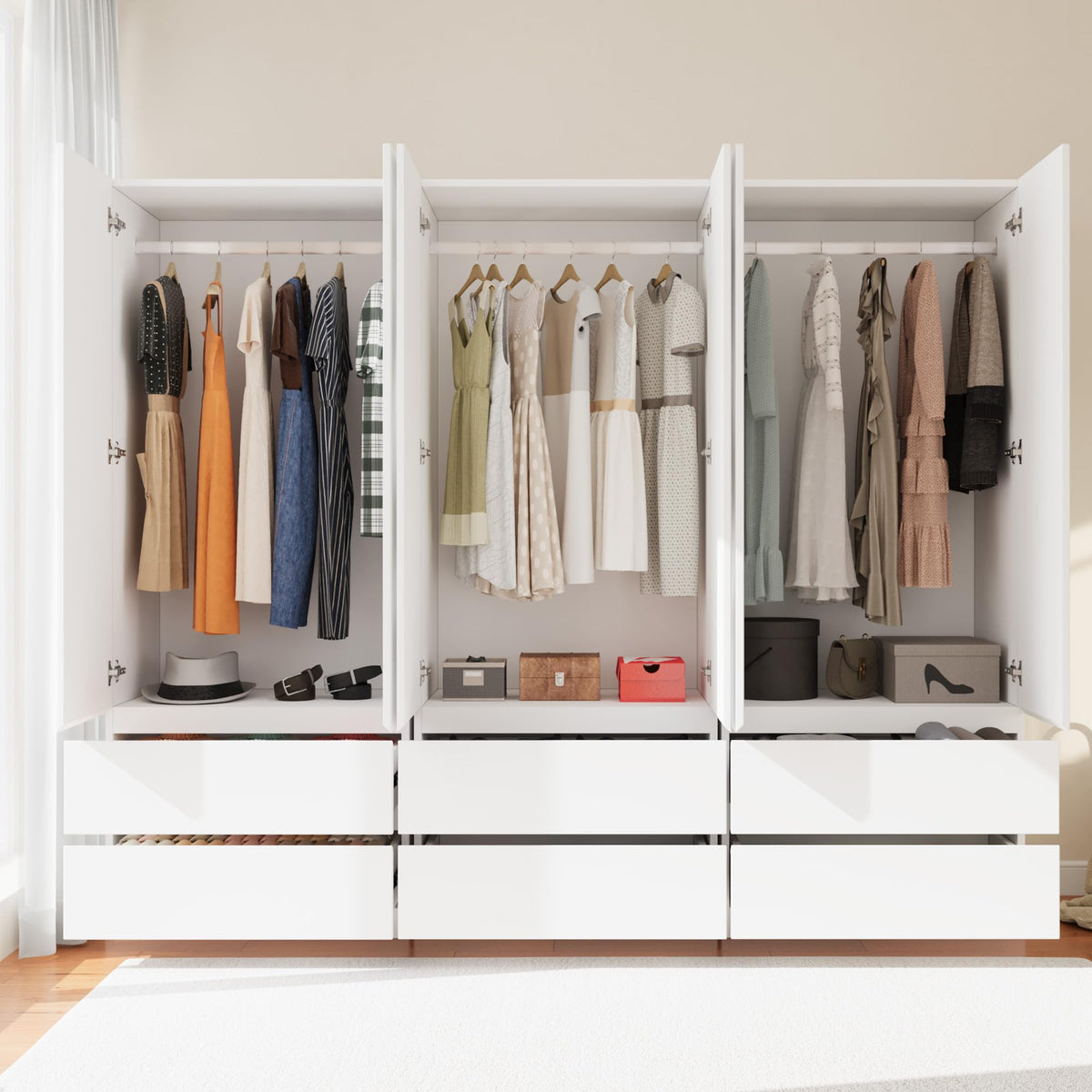 Jiaoun Armoire Wardrobe Closet with 6 Doors, Wooden Wardrobe Cabinet with 6 Drawers, Hanging Rod & Shelves, Freestanding Closets for Bedroom (White, 3)