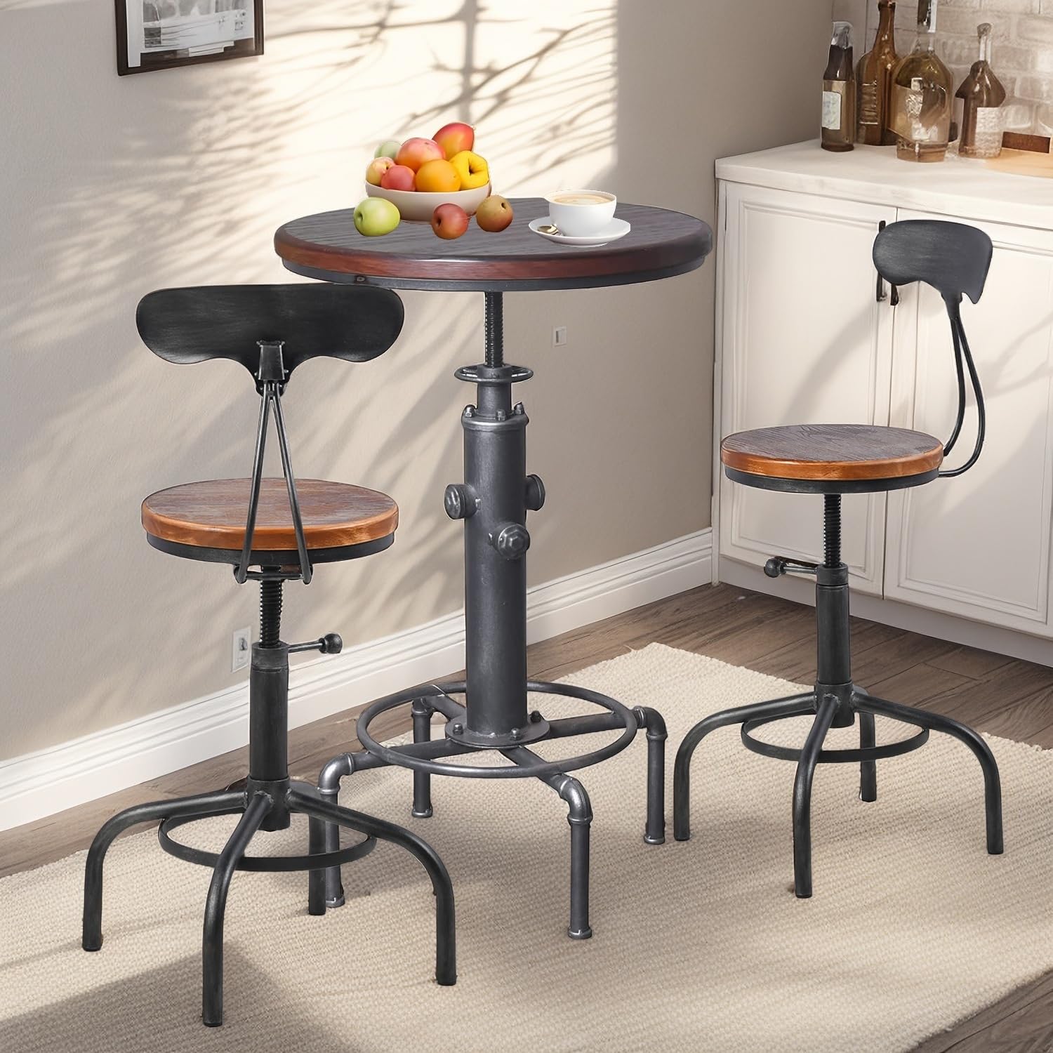 Industrial Round Bar Table & 2 Stools Set