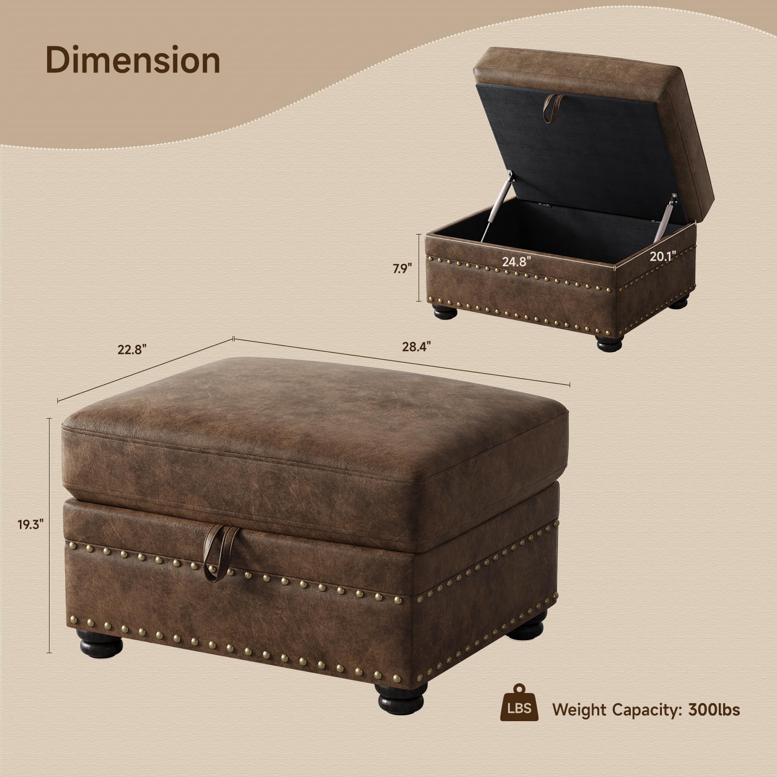 Faux Leather Storage Ottoman with Nailhead Trim