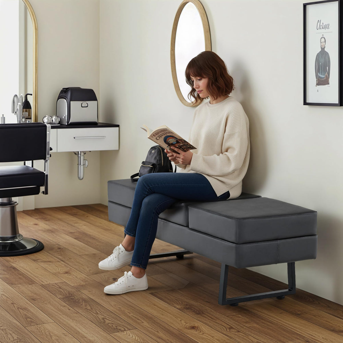 3-Seat Faux Leather Reception Bench