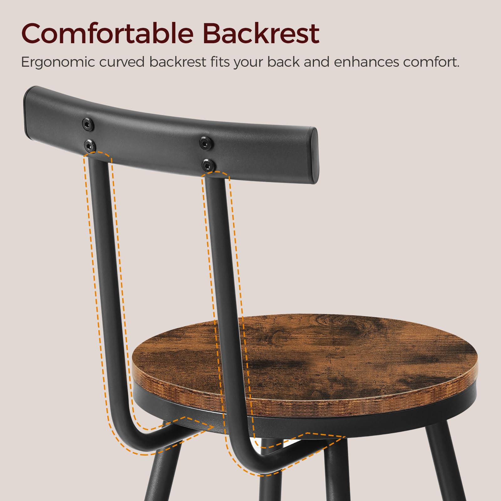 Bar Stools Set of 2 with Backrest & Footrest, 26" Counter Height