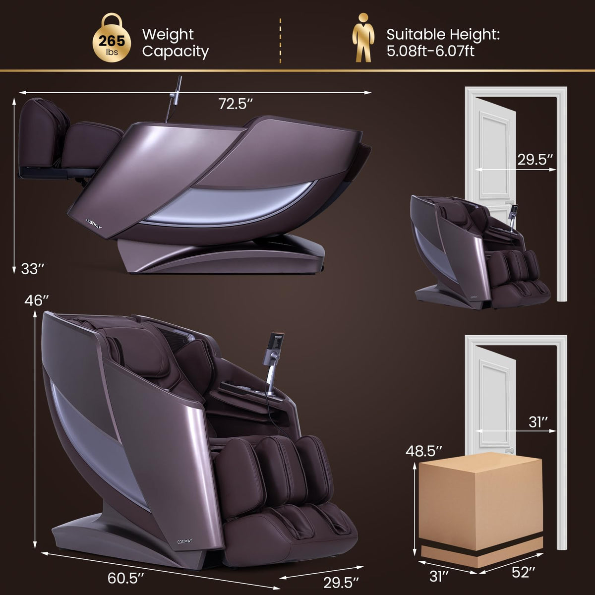COSTWAY 4D Flexible Track Massage Chair, Full Body Zero Gravity Massage Recliner w/Airbags, Waist Heater, Electric Calf Frame, Auto Body Scan, Wireless Charging Station, Thai Stretching, Brown