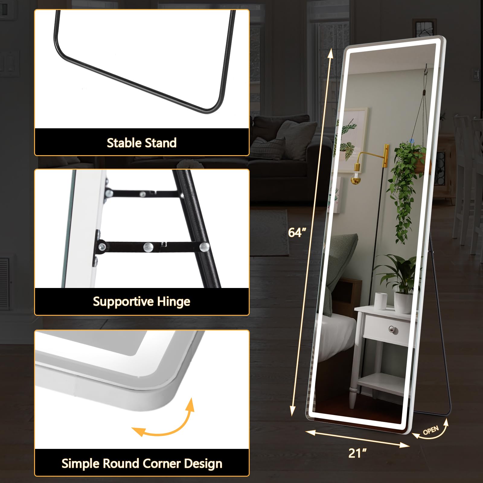 LED Full Length Floor Mirror with Dimming & 3-Color Lighting