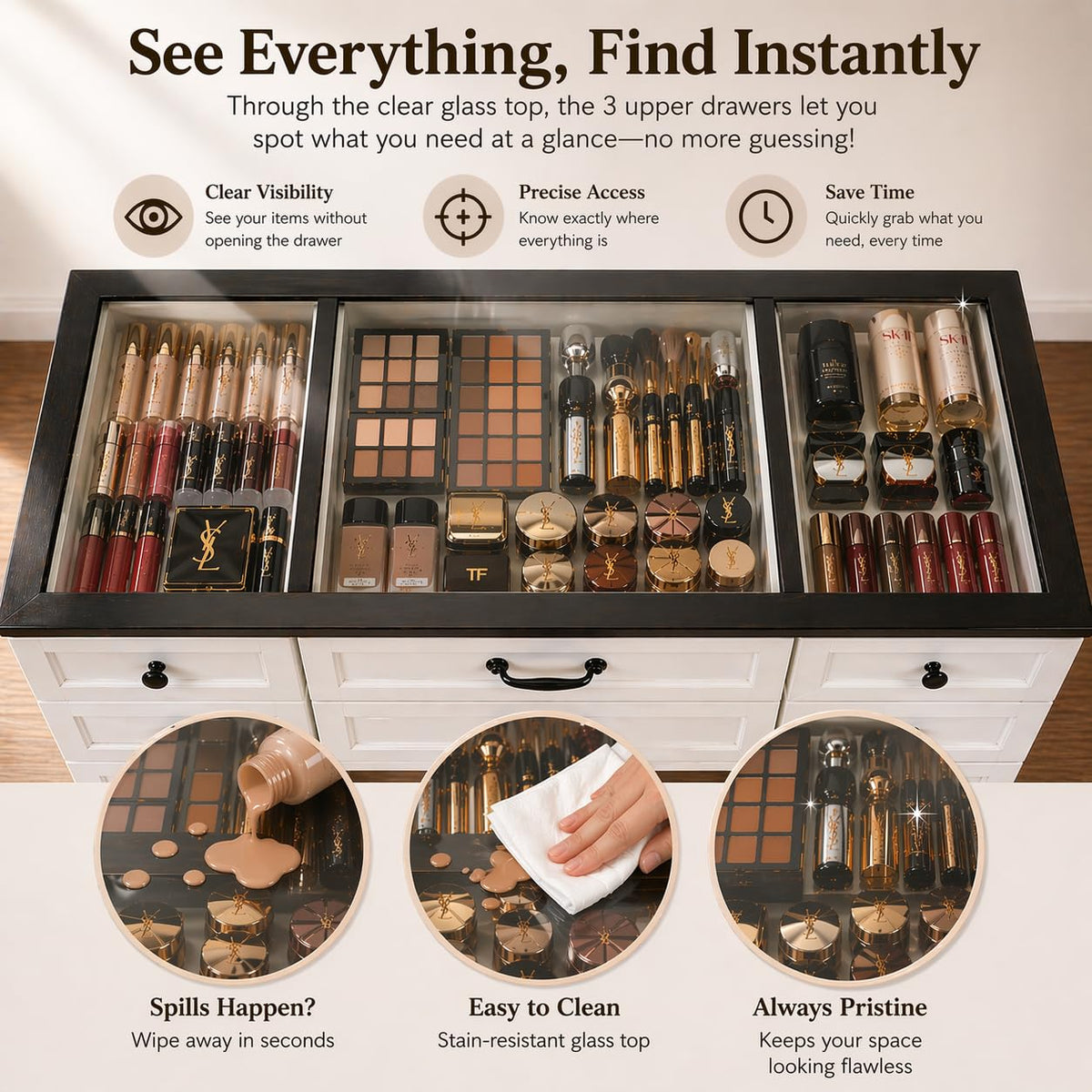 Glass Top Makeup Vanity with LED Mirror