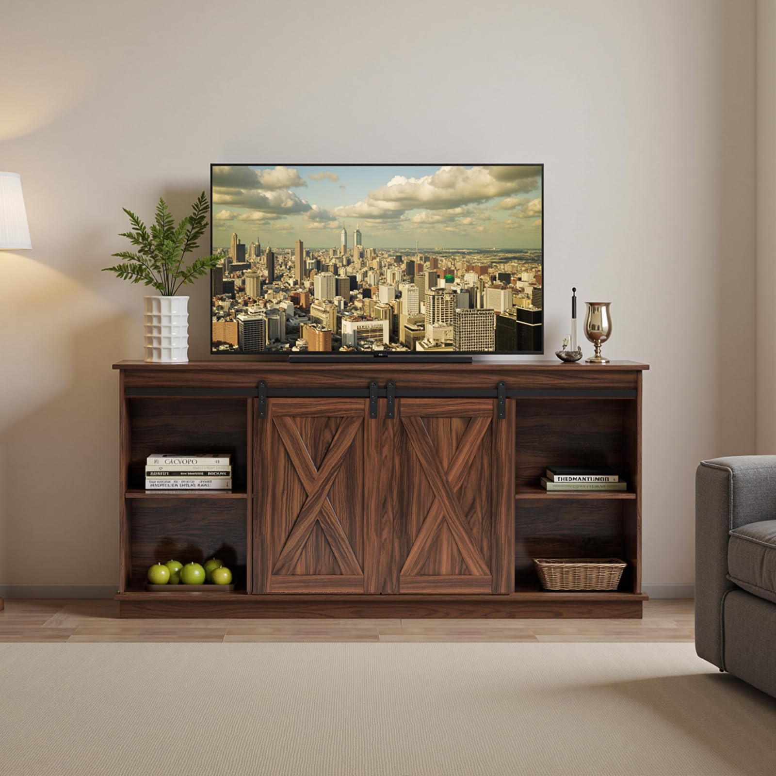 Farmhouse TV Stand with Sliding Barn Door