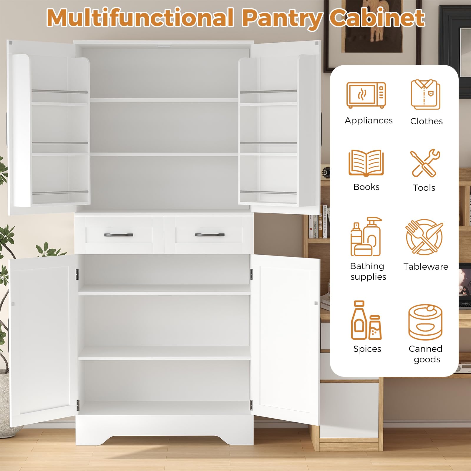 71" Tall Kitchen Pantry Cabinet, Pantry Organizers and Storage Cabinet, Kitchen Storage Cabinets with Doors, Side Storage, 2 Drawer, Adjustable Shelves for Laundry, Bathroom, Garage, White, UXZSG001W