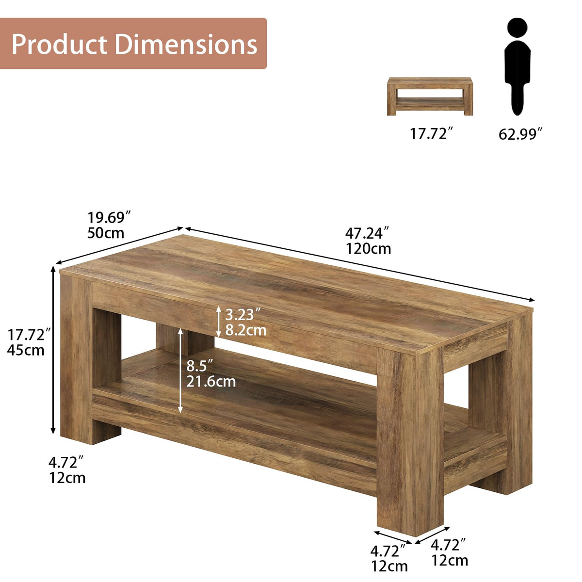 Tohomeor Wood Coffee Table for Living Room, 47.24 Inch Farmhouse Coffee Table with Storage, 2-Tier Accent Center Table with for Home Office Apartment, Retro Brown