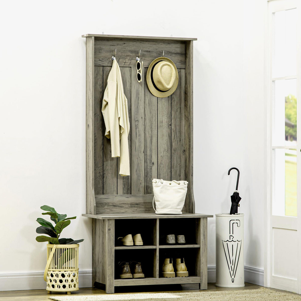 Grey Hall Tree with Shoe Storage Bench and Coat Rack