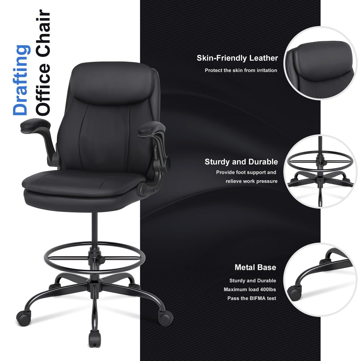 Misolant Drafting Chair, Tall Office Chair for Standing Desk, High Leather Executive Office Chair with Adjustable Height and Flip-up Armrest for Counter Height Desk