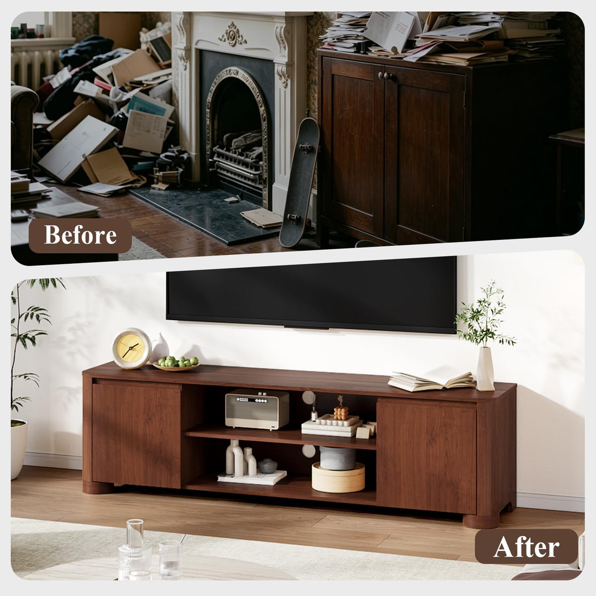 YANSNWO 70" TV Stand for TVs Up to 80" with Rounded Corners, Walnut