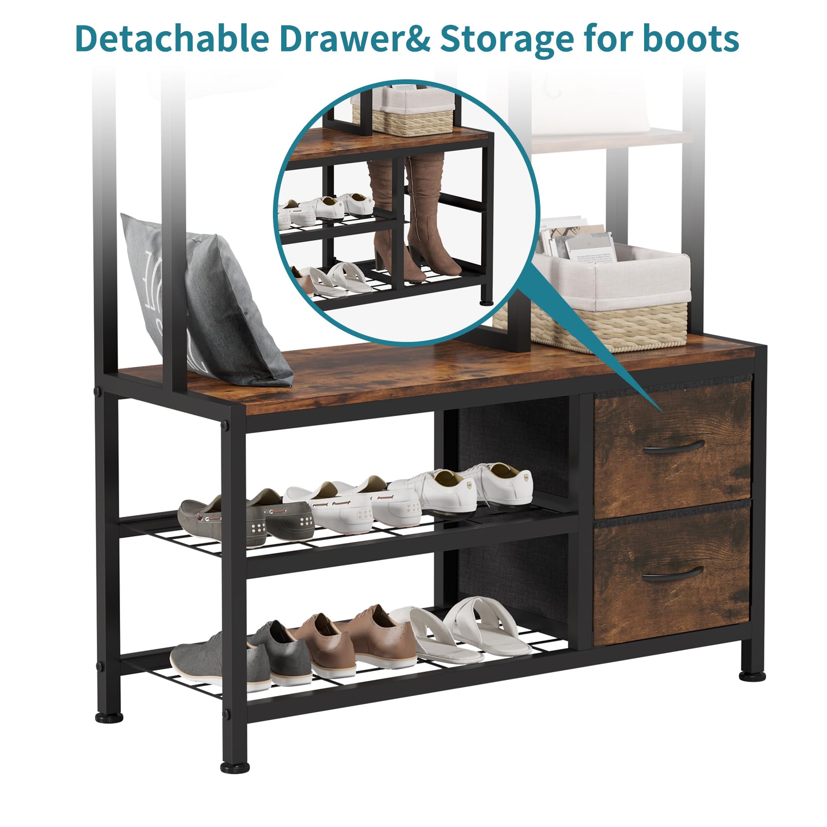 6-in-1 Hall Tree with Bench, Drawers & Shelves