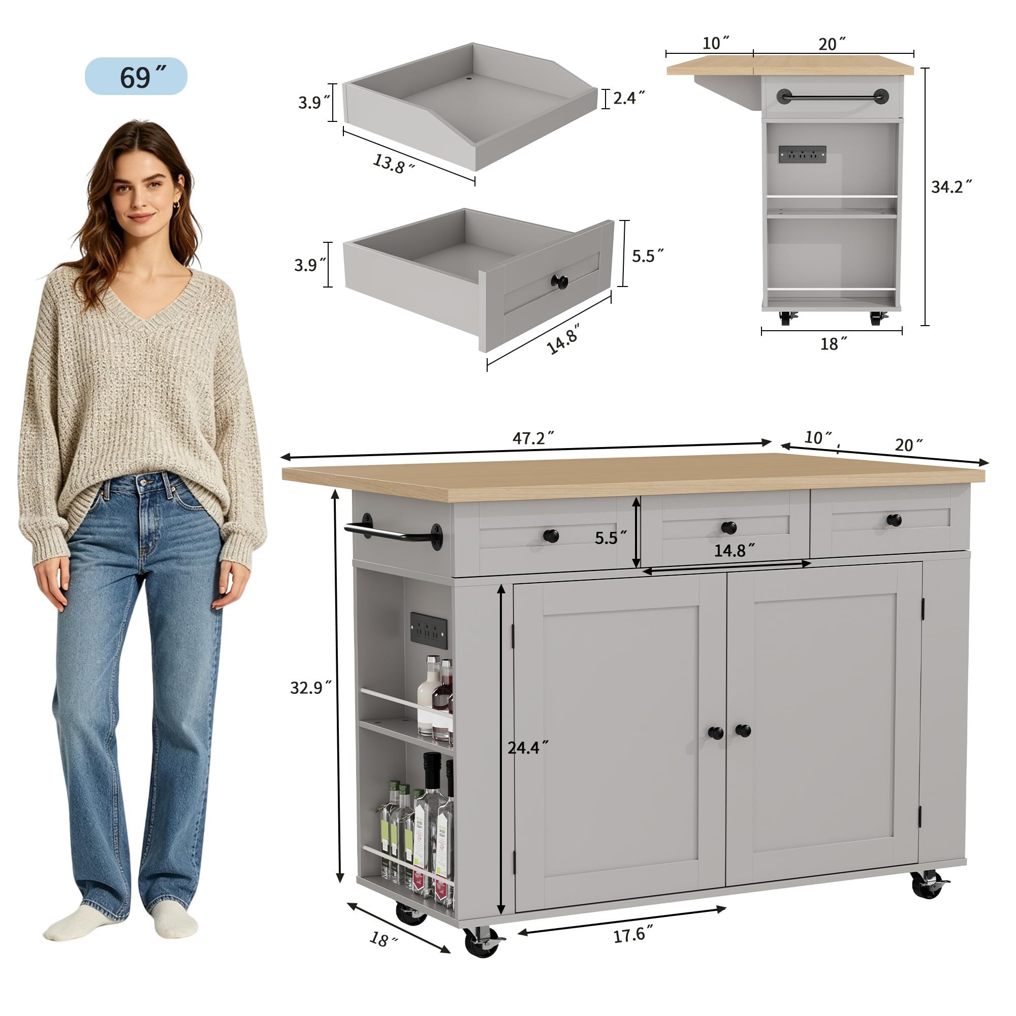 Rolling Kitchen Island with Drop Leaf & Charging Station
