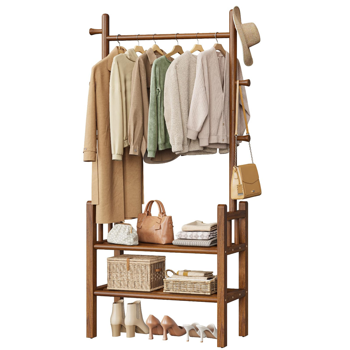 Solid Wood Clothing Rack with Shelves - Coat Rack Freestanding with 6 Hooks Load 450 Lbs, 3-in-1 Hall Tree for Hanging Clothes, Tall Garment Racks with Storage for Bedroom, Entryway, Living Room