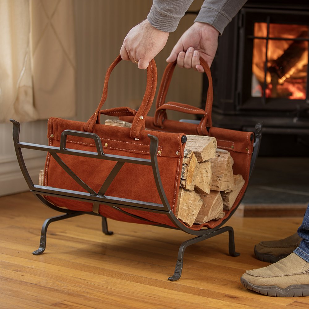 Steel Log Holder with Leather Carrier