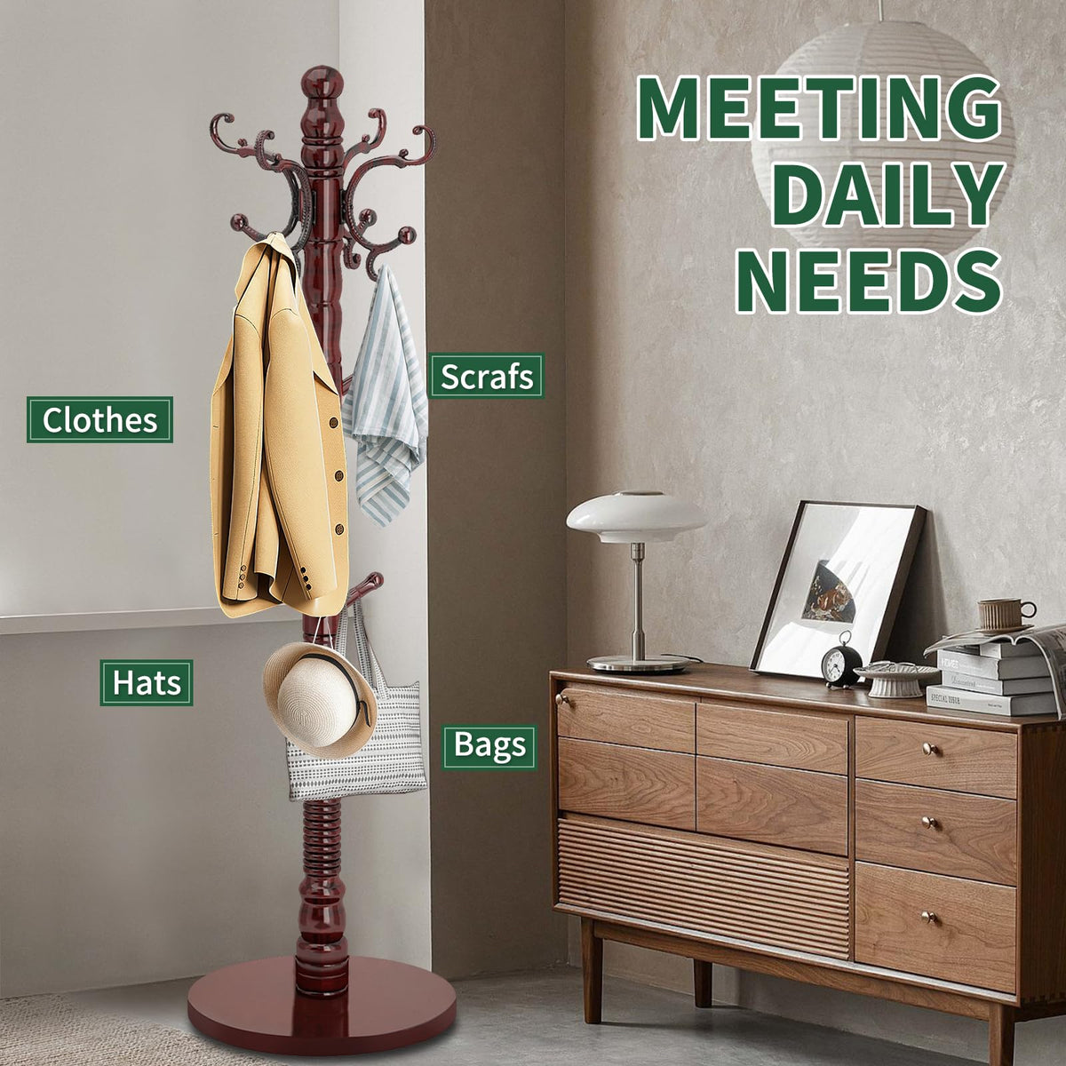 Adjustable Wood Coat Rack with 14 Hooks