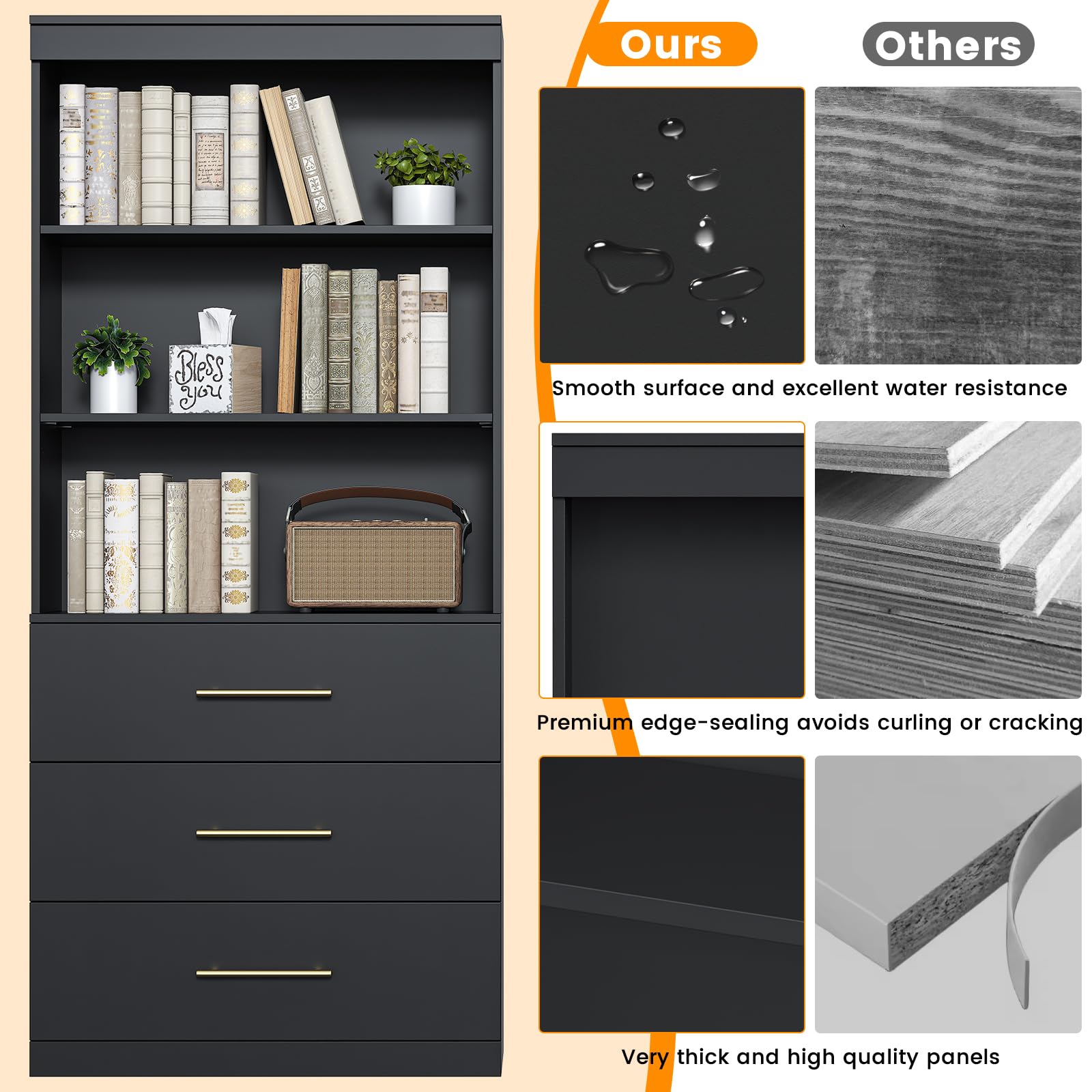 Winkalon 71" Tall Black Bookshelf with Drawers, Bookcase and Bookshelf with 3-Tier Open Shelves, Tall Bookcase Tall Storage Cabinet for Home Office Living Room, 13.8" D x 31.5" W x 71" H