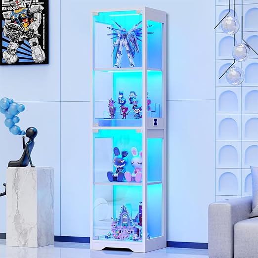 4-Tier Glass Display Cabinet with 3-Color LED Lights
