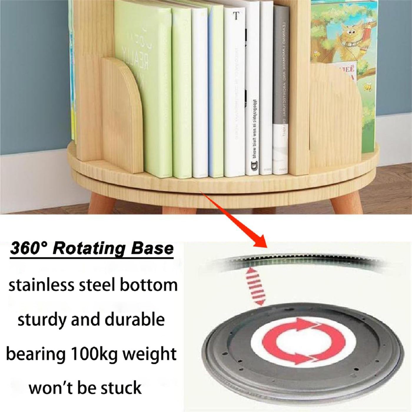 Gdrasuya10 2 Tier Rotating Bookshelf with Legs, 360 Display Revolving Bookcase Standing Bookcase Round Corner Bookshelf Wood Book Storage Display Shelves for Kids&Adults Small Space