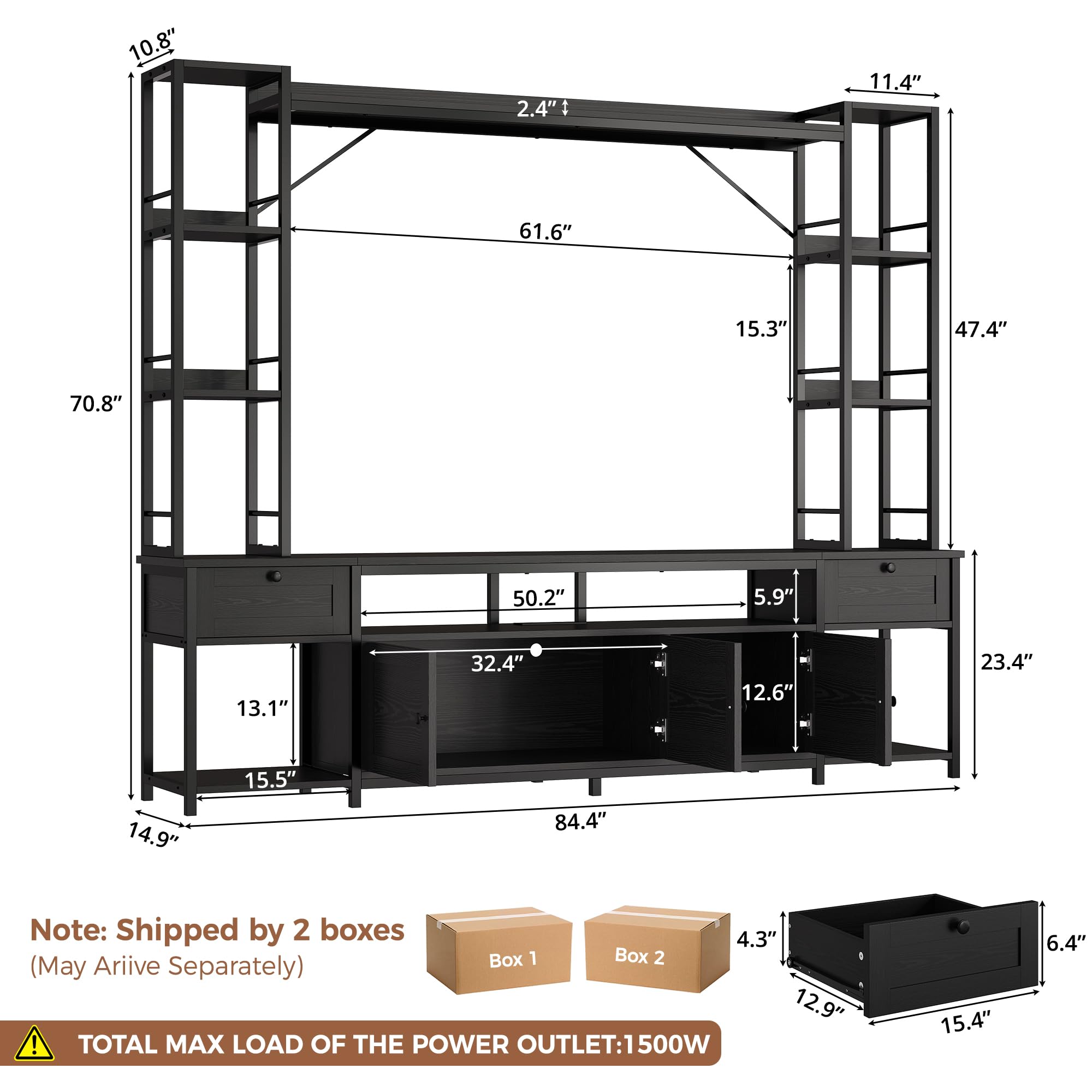 IRONCK Entertainment Center, TV Stand for TVs 65 inch with Storage and Power Outlet, Media TV Console with 2 Wood Drawers and 2 Cabinets, TV Stands for Living Room, Black