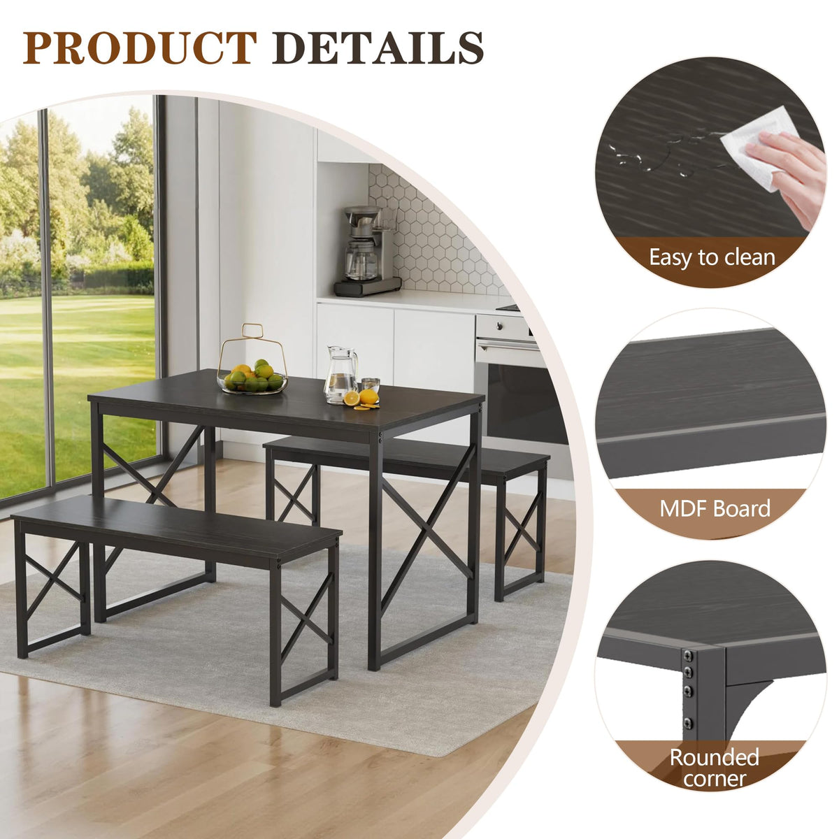 VECELO 43.3" Kitchen Dining Table Set for 4, Heavy-Duty Steel Frame & Wood-Grain Tabletop, Space-Saving Dinette Sets with 2 Benches for Breakfast Nook and Small Space, Matte Black