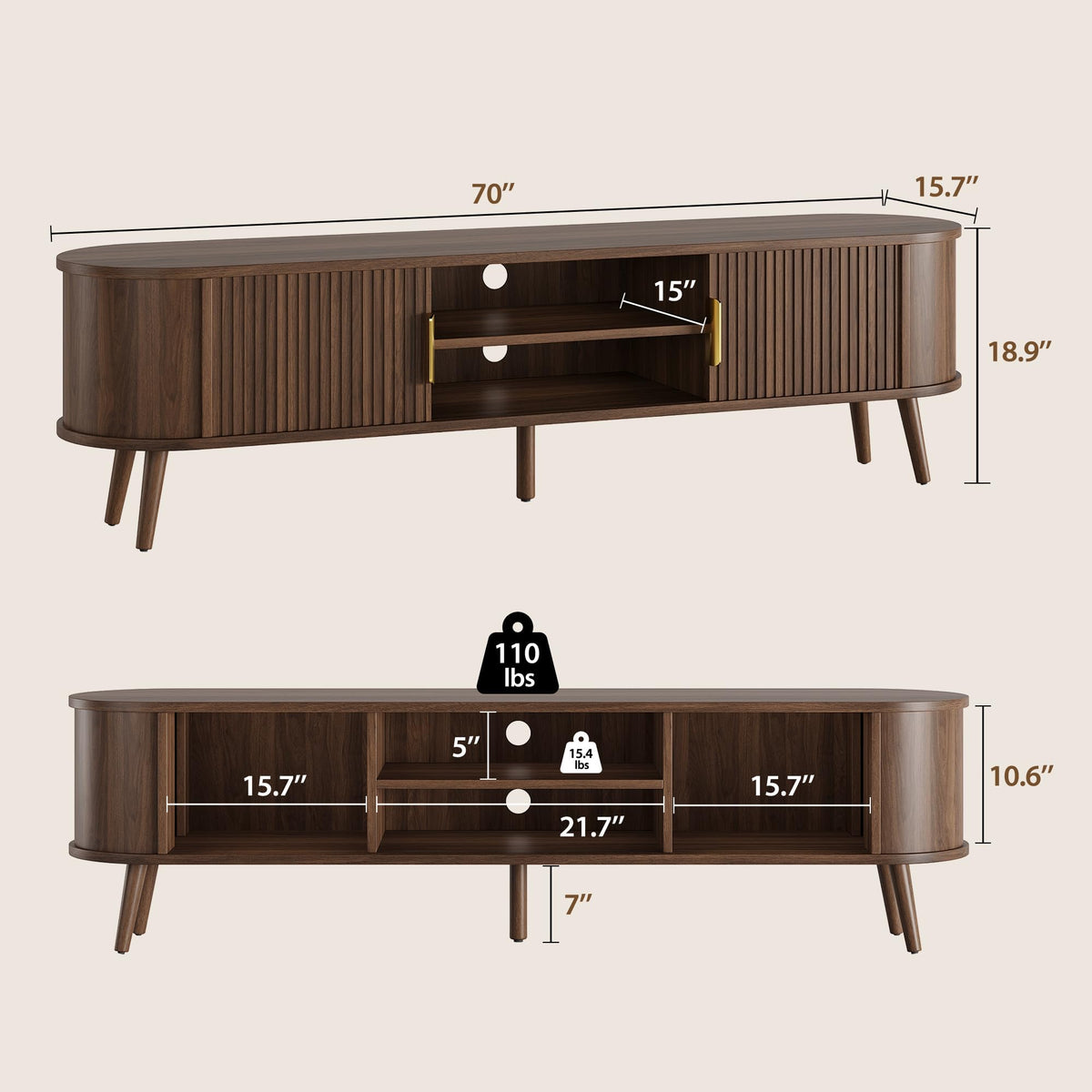 Decofy Mid Century TV Stand for TVs up to 80" with Fluted Sliding Doors, Modern Entertainment Center with Hidden Storage and Adjustable Shelf, Media Console Table for Living Room,Bedroom, Walnut
