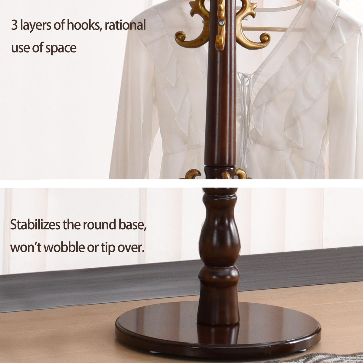 Yyzlscktt Coat Rack Freestanding, Wooden Coat Tree with Stable Round Base, Vintage Heavy Duty Coat Rack Stand with 14 Hooks, Coat Hanger Stand for Bedroom, Office, Entryway (Vintage)