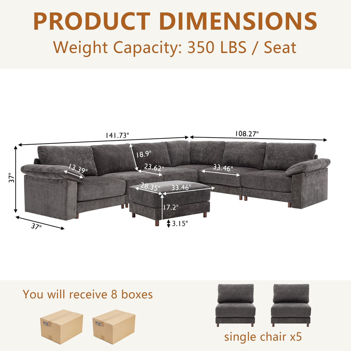 141'' Oversized L Shaped Modular Cloud Sectional Sofa, Deep Seat Sofa, Grey