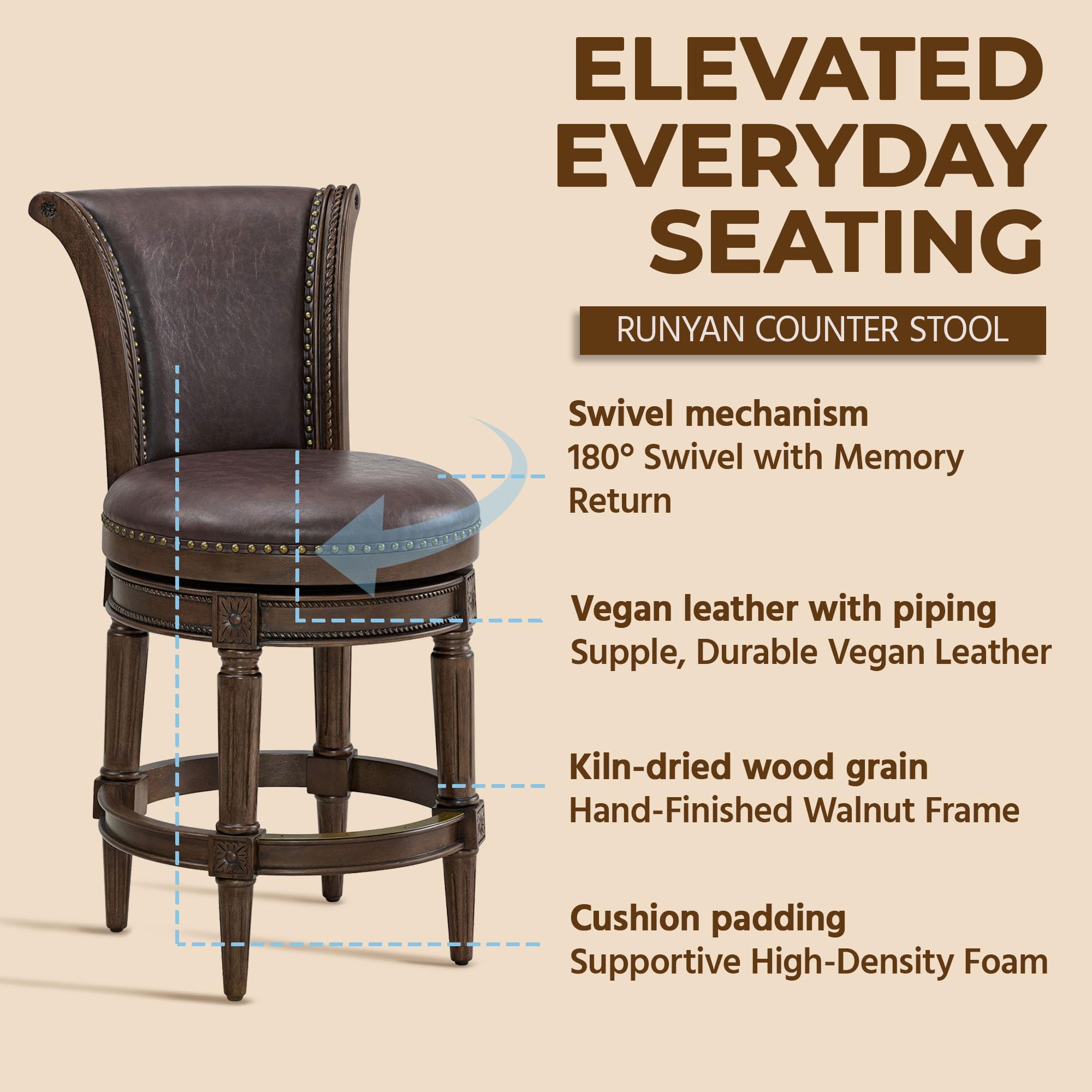 ROME + OAK Set of 3 Runyan 26" Swivel Counter Stool, Rotating High Back Barstool in Dark Walnut Finish with Vintage Brown Vegan Leather Seat