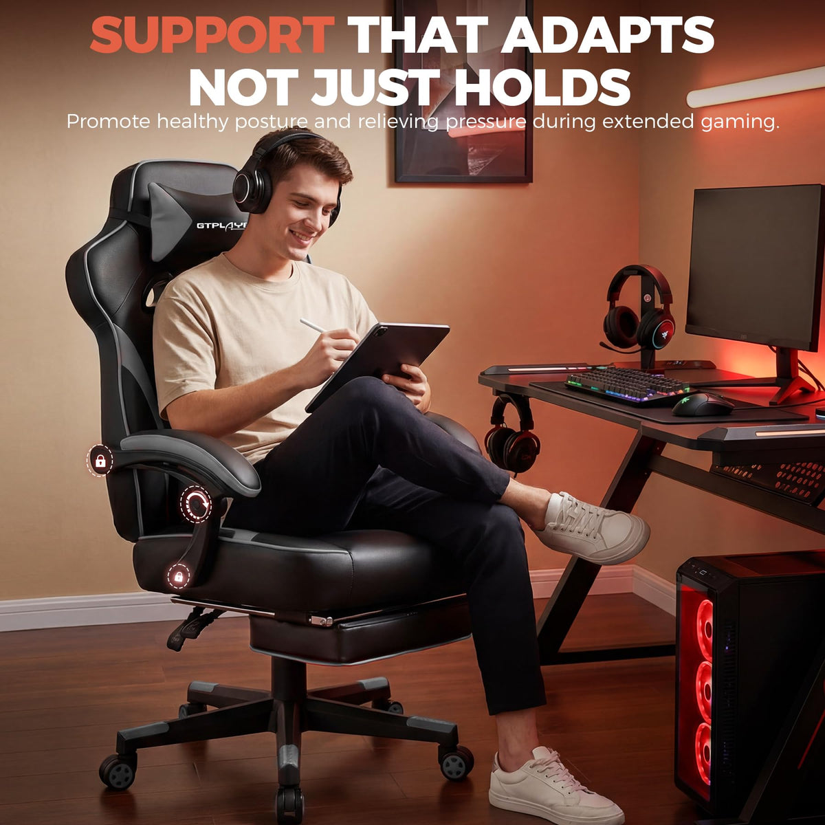 GTPLAYER Gaming Chair with Footrest, 350LBS Big and Tall Office Chair, Ergonomic High Back Lumbar Support and Recliner for Back Pain Relief, Moon Gray