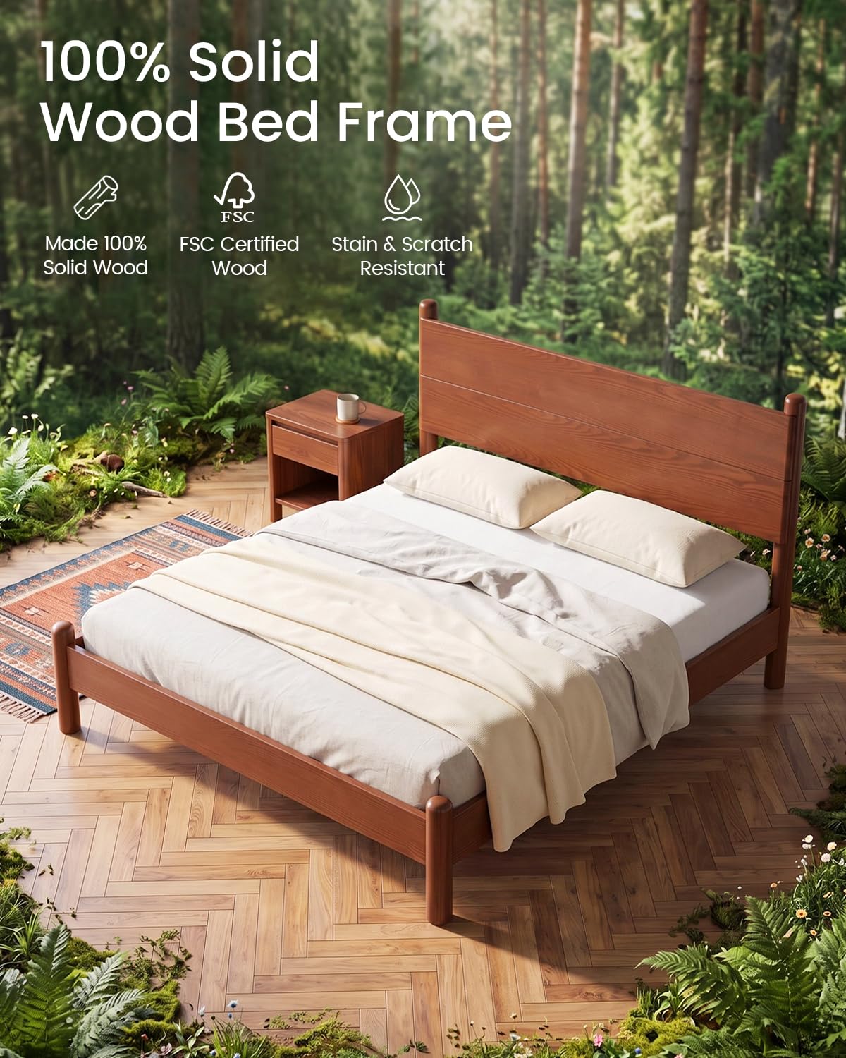 SUCSSRICH Solid Wood Full Size Bed Frame with Tall Headboard, Brown