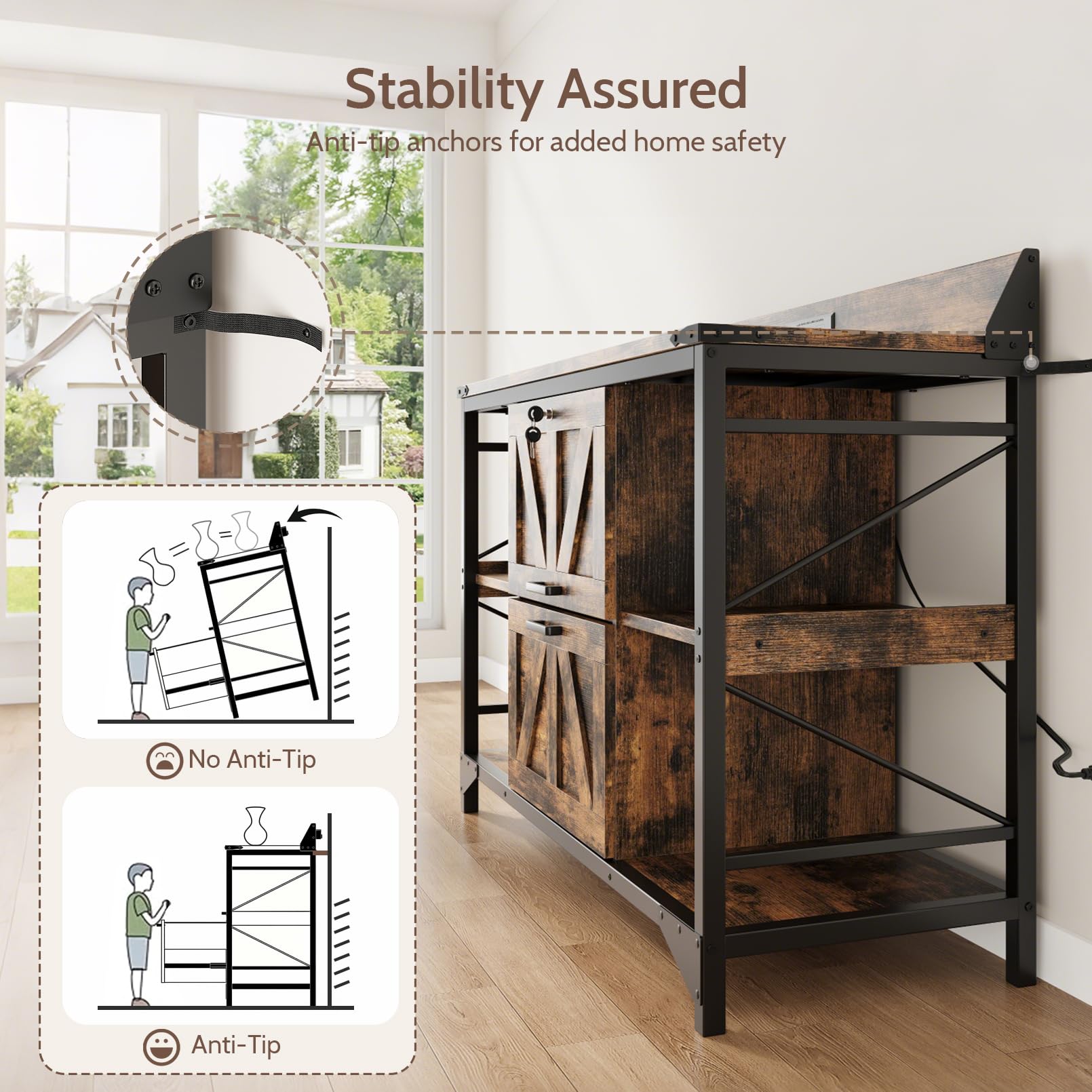 Lateral Filing Cabinet with Lock & Power Outlets