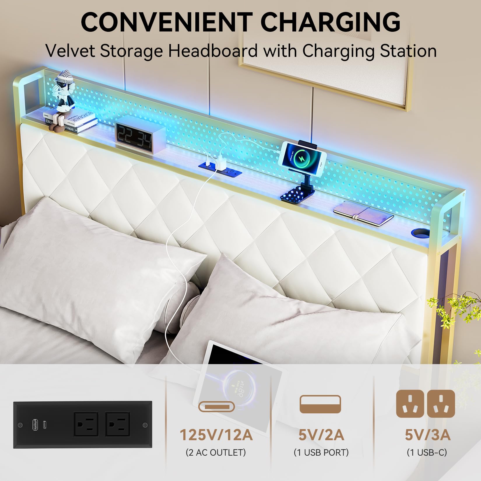 OUTGOODS King Bed Frame with Velvet Storage Headboard, Heavy Duty Steel Slats Support Metal Platform Bed Frame w/Charging Station & LED, APP ＆ Remote Control, Noise-Free/No Box Spring Needed, Beige