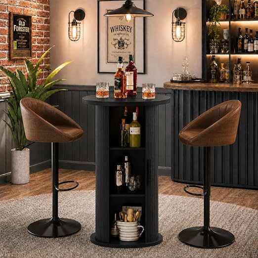 Round Bar Table with Hidden Storage Shelves & Slide Door