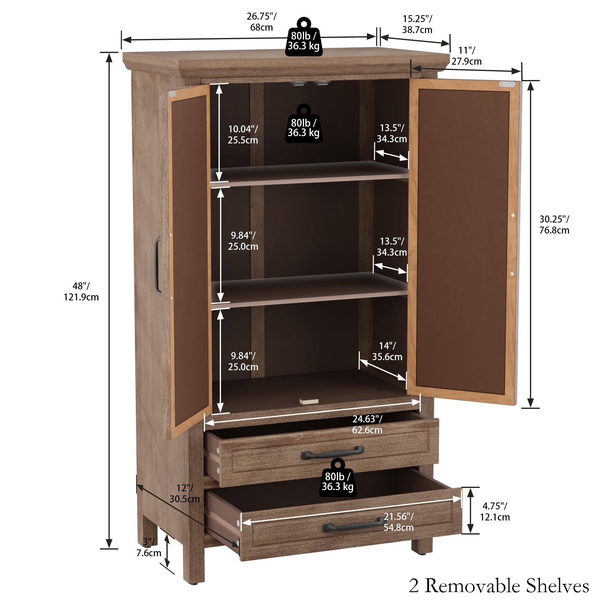 COSIEST 48" Tall Farmhouse Accent Cabinet with Doors and 2 Drawers, Rustic Wood Storage Buffet, Embossed Metal Floral Carving Chest with Adjustable Shelves for Living Room, Entryway, Dining Room
