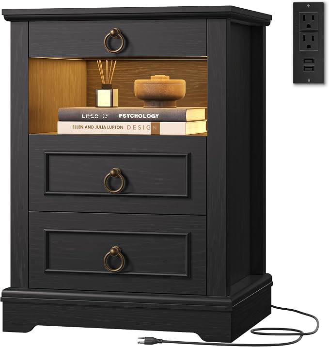 Black LED Nightstand Set of 2 with Charging Station