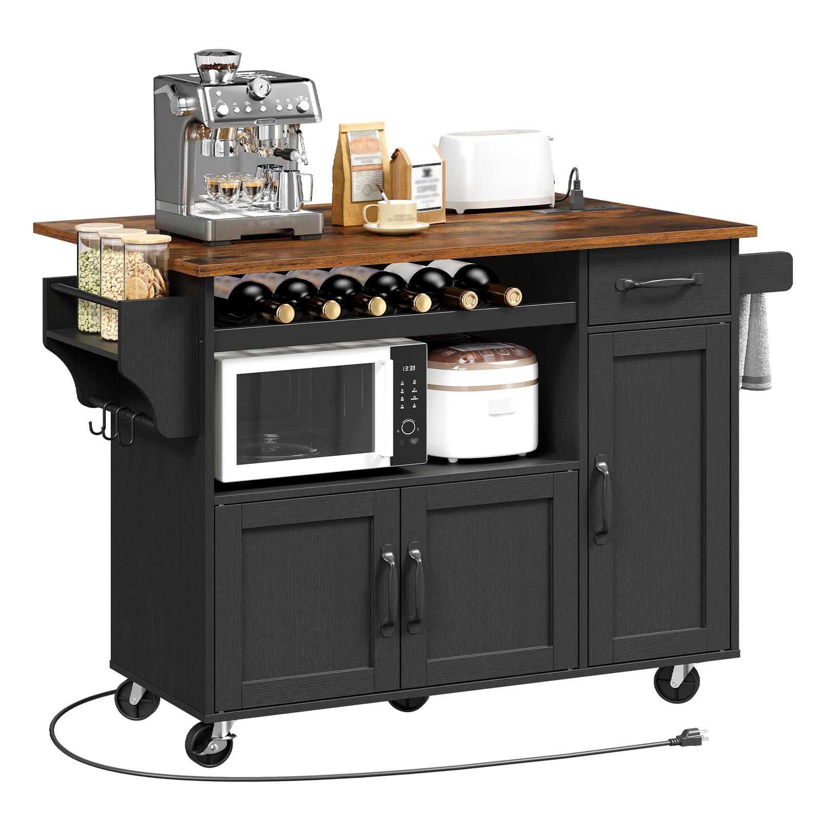 RALGEND Rolling Kitchen Island Cart with Drop Leaf & Power Outlet, Mobile Kitchen Island on Wheels, Island Table with Storage Cabinet, Microwave Shelf & Wine Rack for Kitchen, Black & Rustic Brown